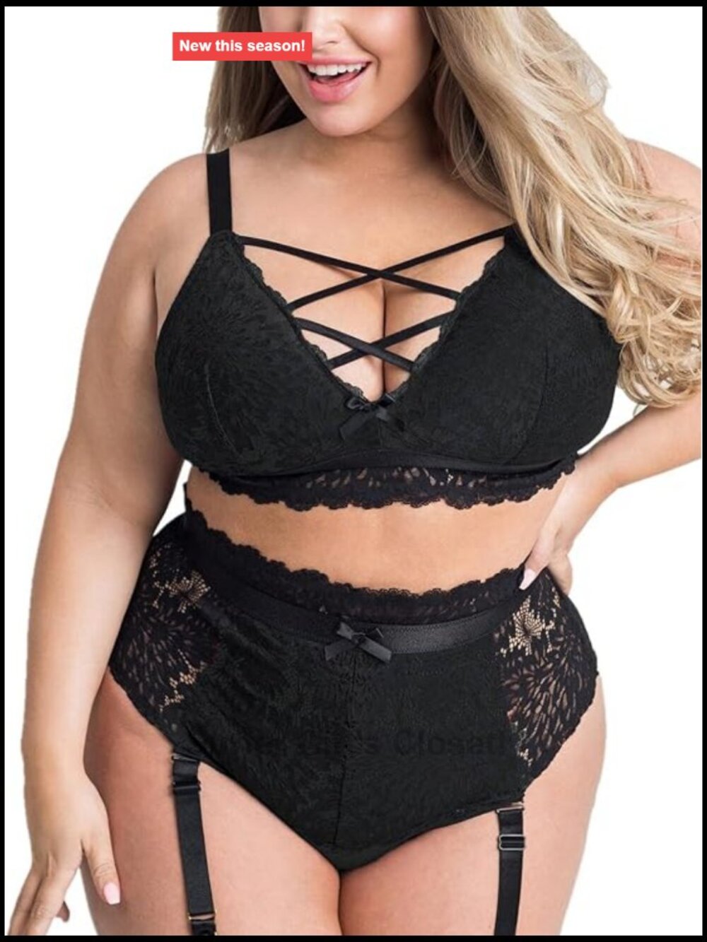 Plus Size Lingerie Set Mesh Lace Bra High Waist Suspender 2 Pieces